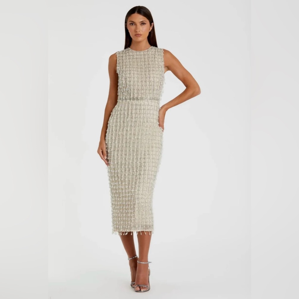 Mac Duggal Sleeveless Highneck Beaded Sequin Midi Sheath Dress in Silver & Beige